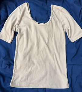 Cream Ribbed Short Sleeve Top
