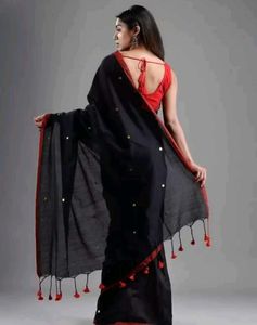 Elegant Black Cotton Saree with Red Border