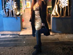Elegant Gold Ruched Mini Dress look osm