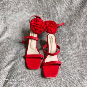 N. Red Rose Embellished Block Heels