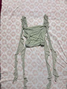 Sheer Ruched Crop Top with Draping Sleeves