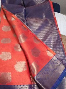 Elegant Coral & Navy Brocade Saree