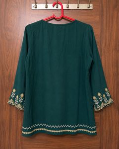 Global Desi Green Embroidered Viscose Top – Size S