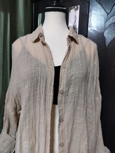 Beige Tie-Front Long Sleeve Shirt