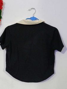 Black Graphic Crop Polo Shirt