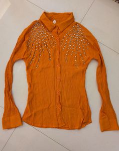 Embellished Orange Crinkle Shirt