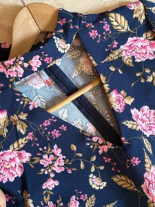 Navy Floral Print A-Line Dress with Choker Neck