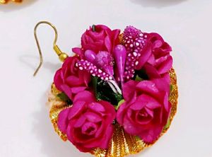 Pink Flower Jewellery - Earring &amp; Mangtika Set