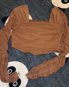Brown Ruched Sleeve Top