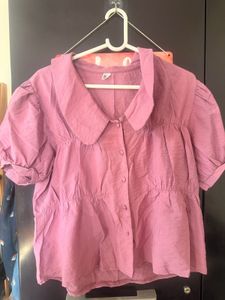 Cute Pink Puff Sleeve Collared Top