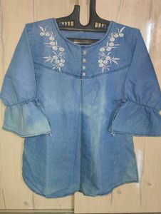 Soft Denim-Look Top with Elegant Floral Embroidery