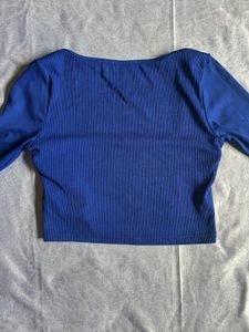 Blue Ribbed Long Sleeve Crop Top