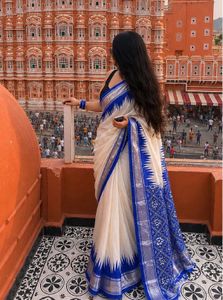 Elegant Off-White Saree with Blue Border