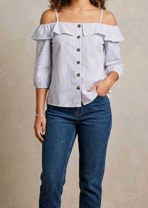 Blue Striped Doll Collar Off-Shoulder Top