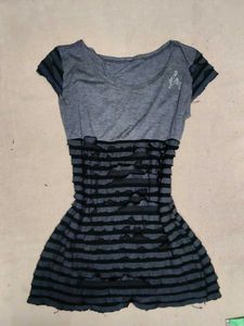 Grey & Black Striped Ruffle Tunic Top