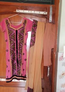 Pink &amp; Black Embroidery Kurta with Dupatta