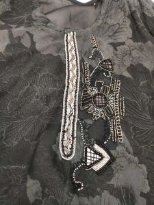 pakistani Gray Floral kaftan Kurta Set