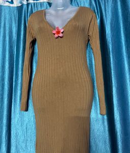 Brown Ribbed Knit Bodycon Dress