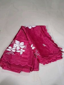 Stunning Pink Saree with White Floral Embroidery