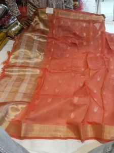 Elegant Coral Saree with Golden Border