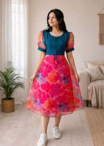 Women's Floral Print Midi Dress with Puff Sleeves