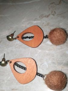 Wooden Teardrop Earrings with Pom Poms
