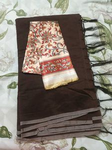 Dark Brown Saree with Floral Blouse Piece