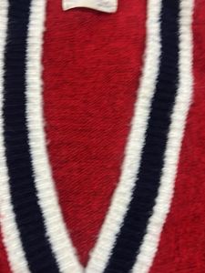 Red Cardigan with Navy Trim