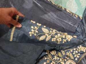 velvet grey saree with stiched blouse