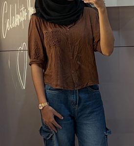 Brown Button-Up Top with Pocket Detail