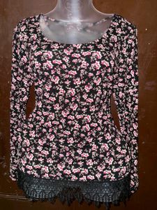 Floral Print Long Sleeve Top with Lace Trim