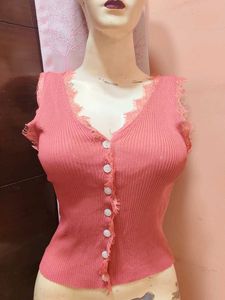 Pink Lace Trim Button-Up Ribbed Top