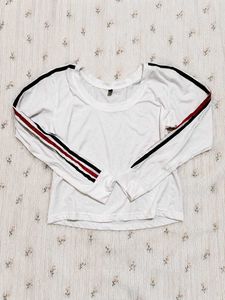 White Long Sleeve Top with Striped Sleeves