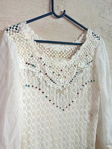 Elegant White Lace &amp; Embellished Top