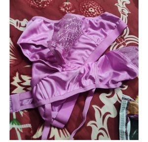 Lace Trimmed Satin Bra &amp; Panty Set