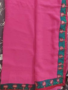 Magenta Saree & Blouse with Blue Floral Border
