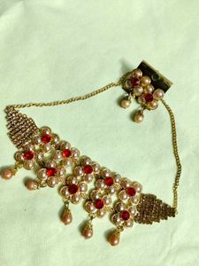 Elegant Pearl & Red Stone Necklace Set