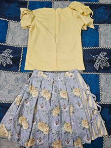 Cute Yellow Top &amp; Floral Skirt Set