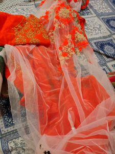 Vibrant Orange &amp; White saree with blouse pc