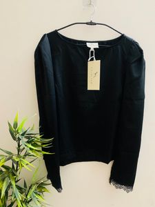 Black Lace Bordered Satin Top With Fitting Zip