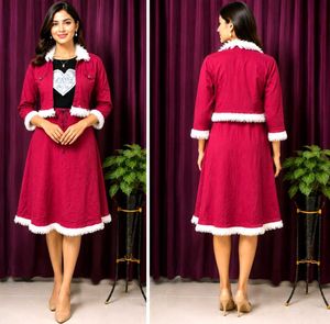 Girls Maroon Kurta with Fur jocket Set