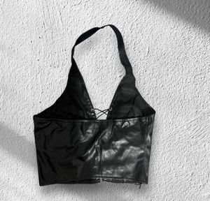 Black Faux Leather Lace-Up Halter Top