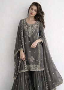 Elegant Grey Embroidered Gharara Suit