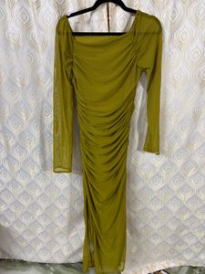 Olive Ruched Mesh Midi Dress
