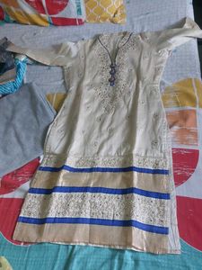 Elegant Cream suit set with Blue & Gold Embellishm
