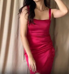 Elegant Red Satin Ruched Mini Dress