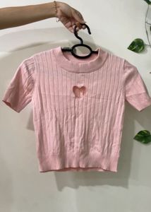 Cute Pink Heart Cut-out Ribbed Top