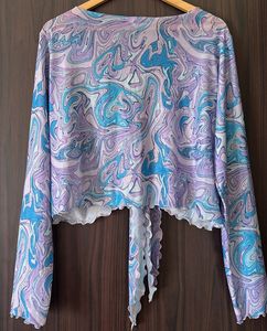 Swirl Print Mesh Tie-Front Top