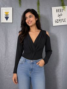 Chic Black Plunge Neck Bodysuit