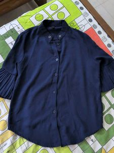 Navy Blue Pleated Sleeve Top